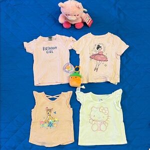 4 x Girls 2T mixed Spring/Summer tops with playing plush toys